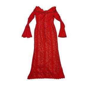 Womens Off Shoulder Maxi Dress L Red Lace Long Bell Sleeve Gown Evening